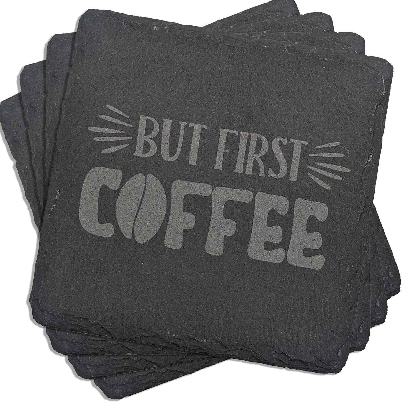 Caffeine Bliss Square Slate Coaster Set - 'But First Coffee' Laser Engraved with Bean Accent (4 Pieces)