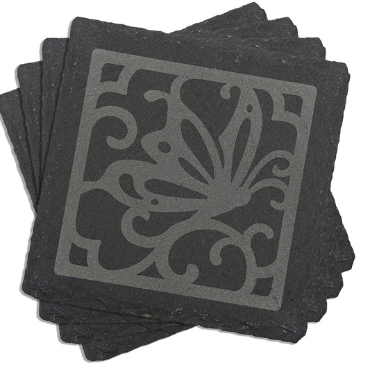 Laser-Engraved Butterfly Square Slate Coaster Set