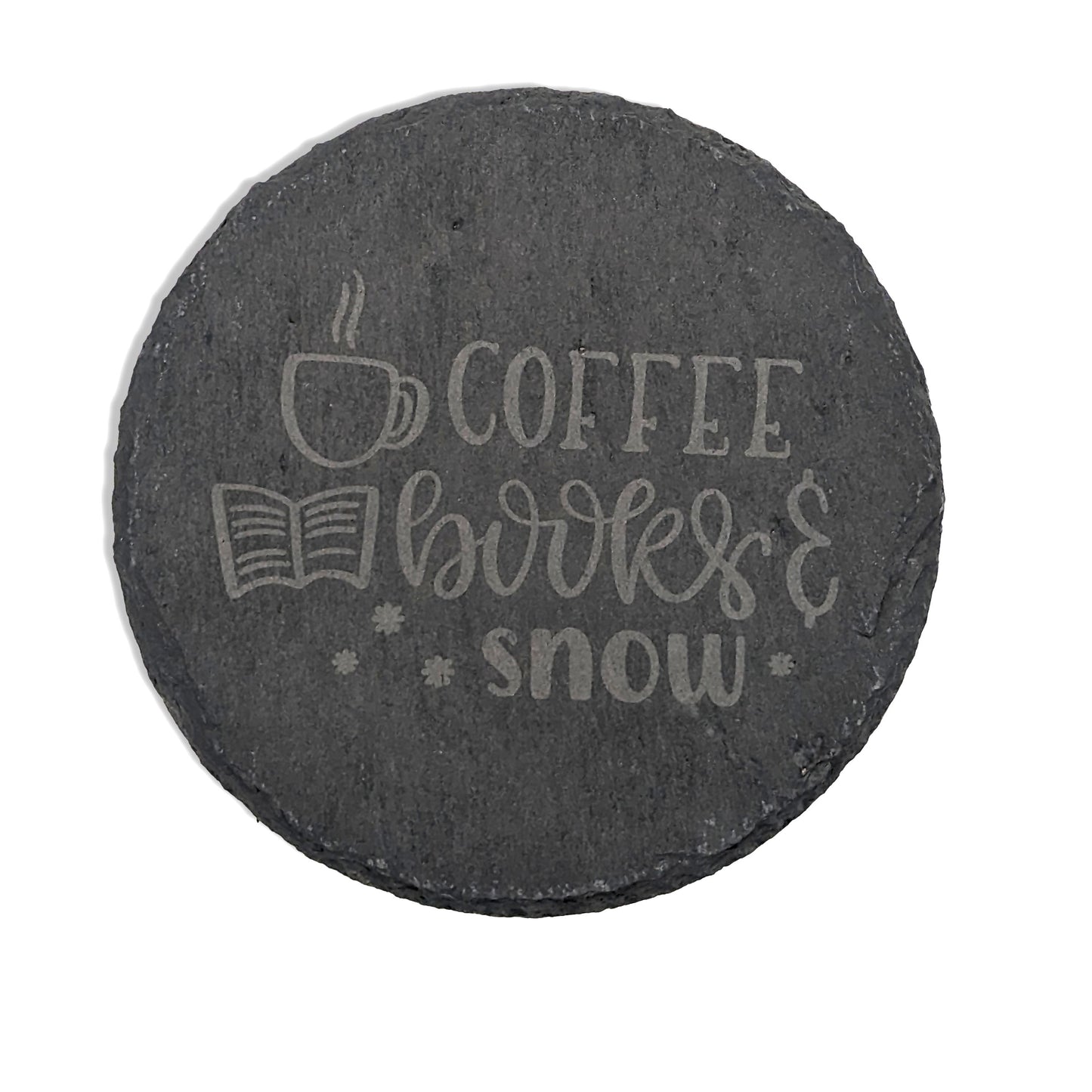 'Coffee, Books & Snow' Laser Engraved Round Slate Coaster Set