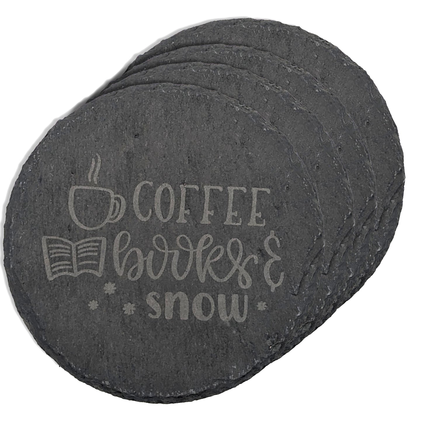 'Coffee, Books & Snow' Laser Engraved Round Slate Coaster Set