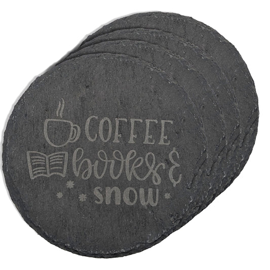 'Coffee, Books & Snow' Laser Engraved Round Slate Coaster Set