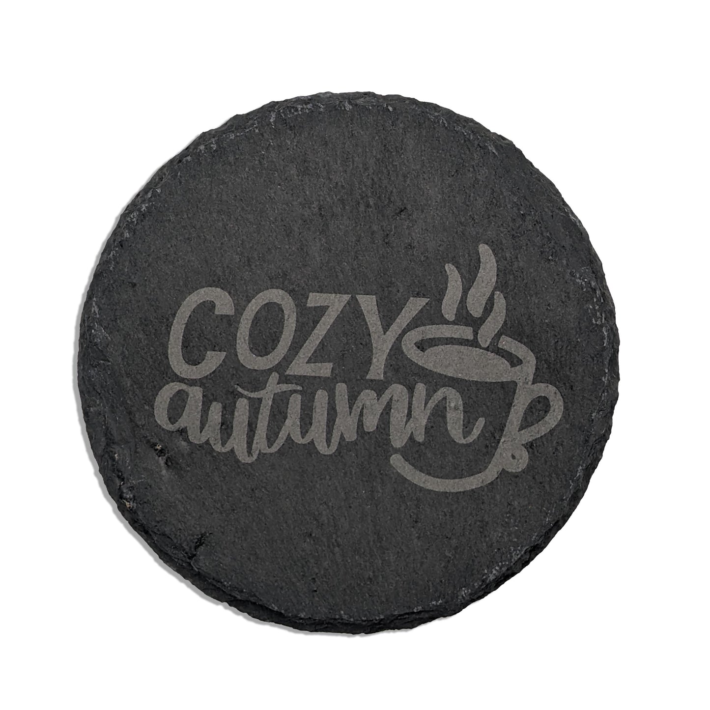 Autumn Elegance Square Slate Coaster Set - 'Cozy Autumn' Laser Engraved with Coffee Background (4 Pieces)