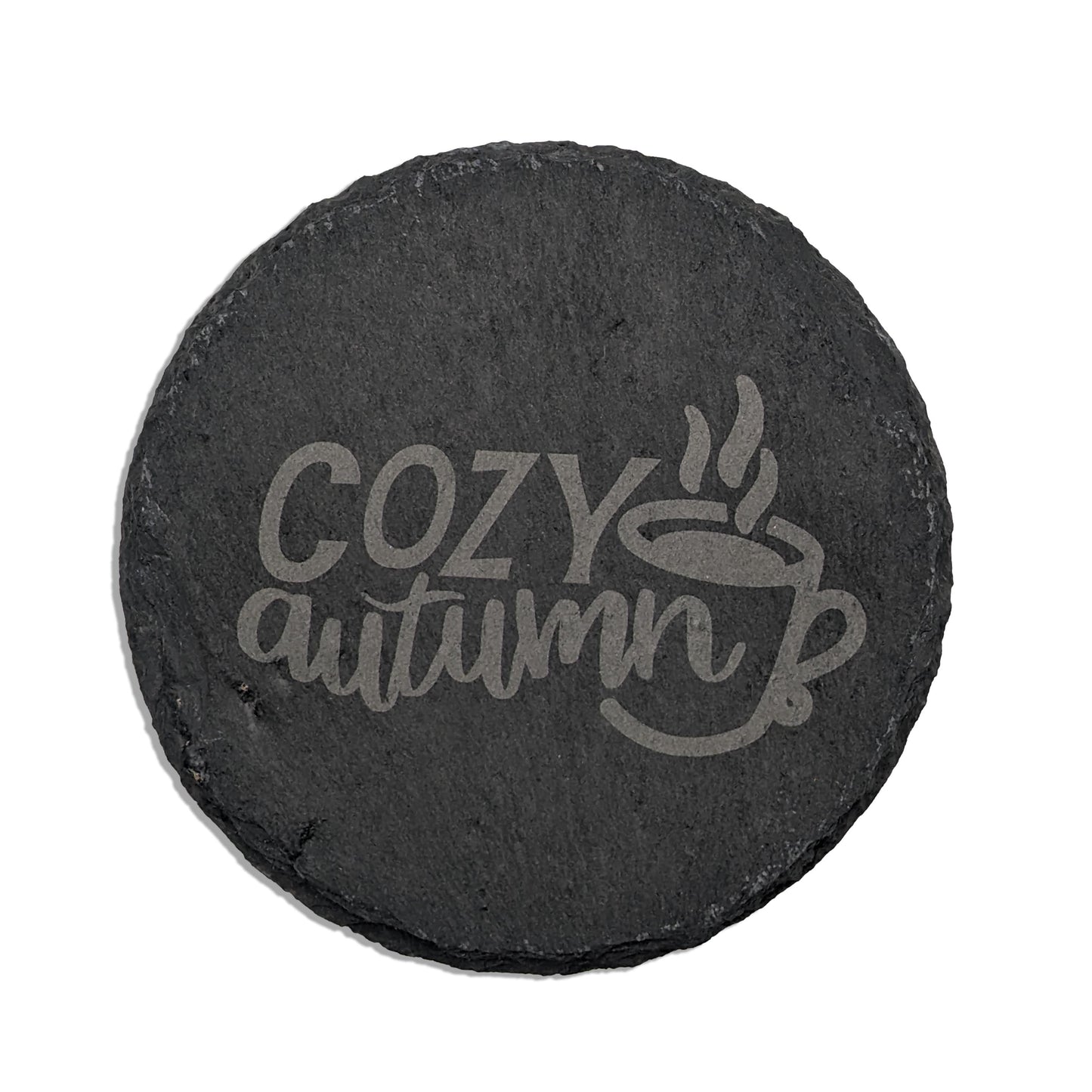 Autumn Elegance 'Cozy Autumn' Square Slate Coaster with Coffee Background
