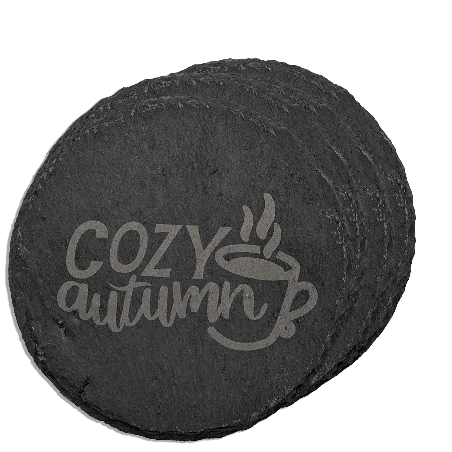 Autumn Elegance Square Slate Coaster Set - 'Cozy Autumn' Laser Engraved with Coffee Background (4 Pieces)