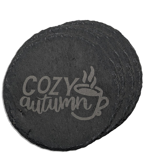 Autumn Elegance Square Slate Coaster Set - 'Cozy Autumn' Laser Engraved with Coffee Background (4 Pieces)