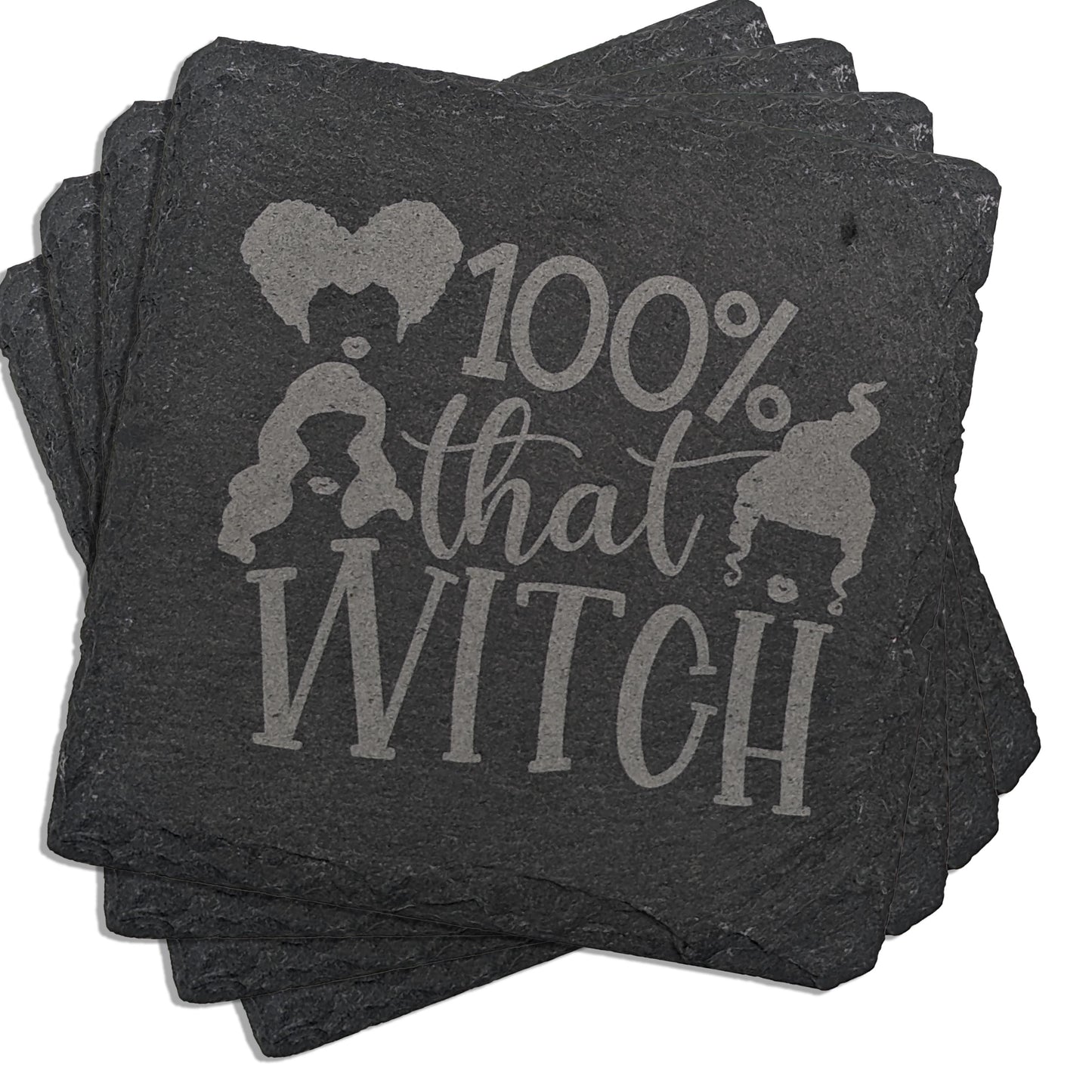 Magical Square Slate Coaster Set - '100% That Witch' Laser Engraved (4 Pieces)
