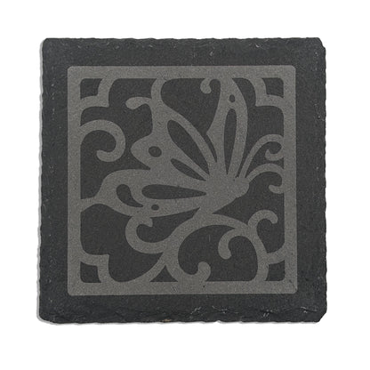 Laser-Engraved Butterfly Square Slate Coaster Set
