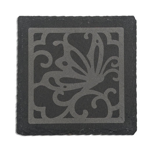 Laser-Engraved Butterfly Square Slate Coaster